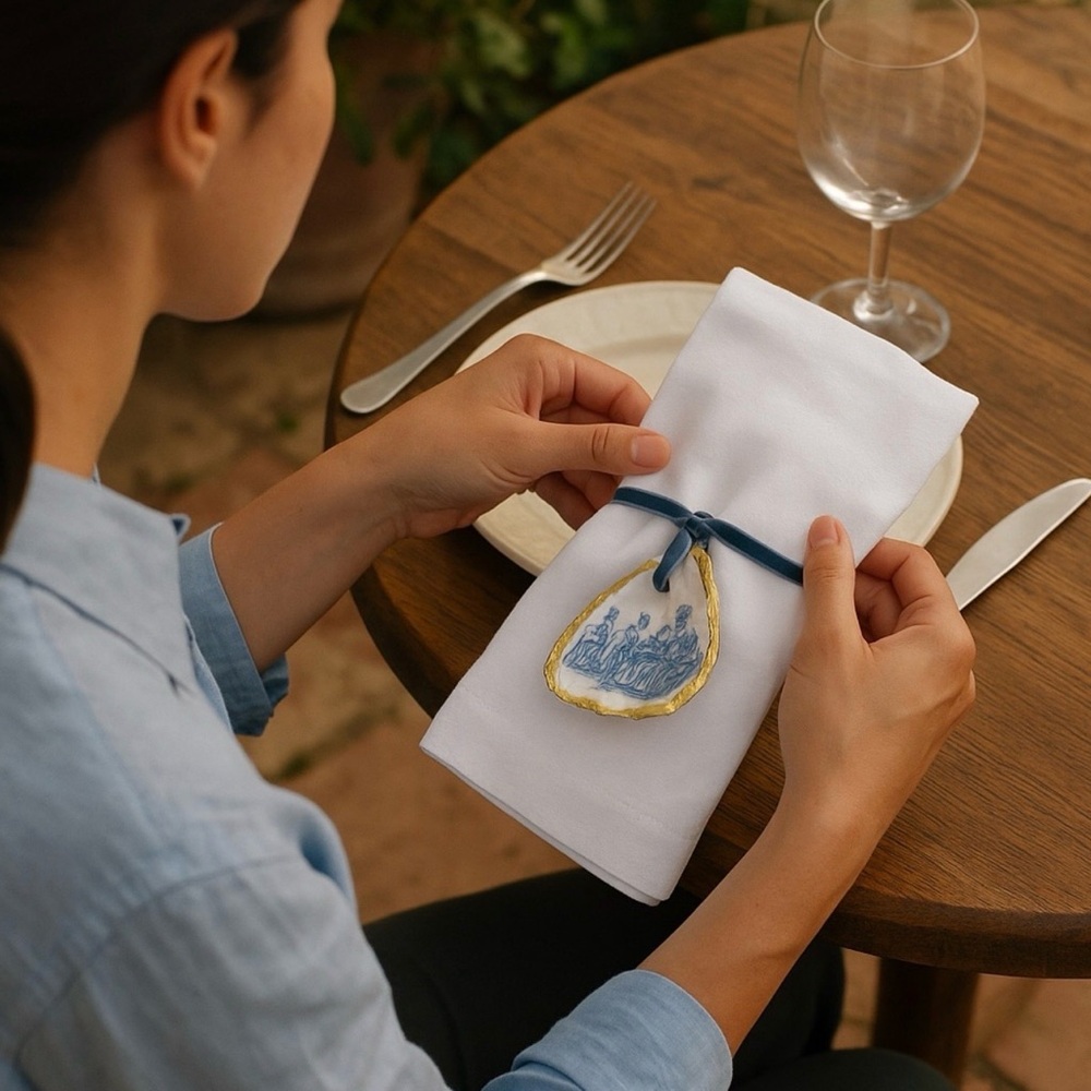 Set of 6 Handcrafted Blue Toile Oyster Shell Napkin Ring Holders - Picture 2 of 10